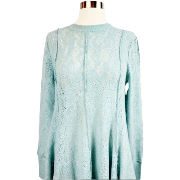 FREE PEOPLE Coffee in the Morning Tunic Blue Astral Sea Knit Lace Sweater Small - Picture 6 of 8